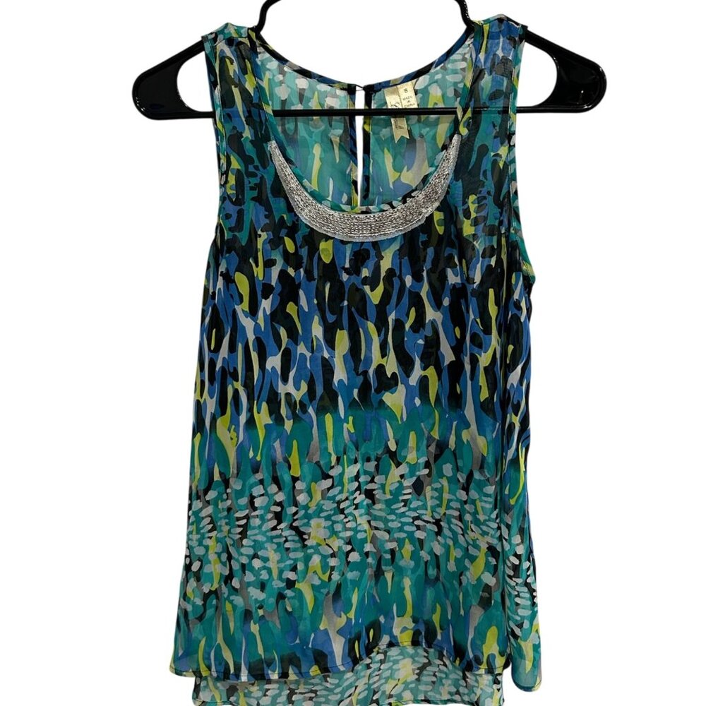 Chenault Sheer Sleeveless Tank Top  Abstract Pattern Beaded Neckline Size Small